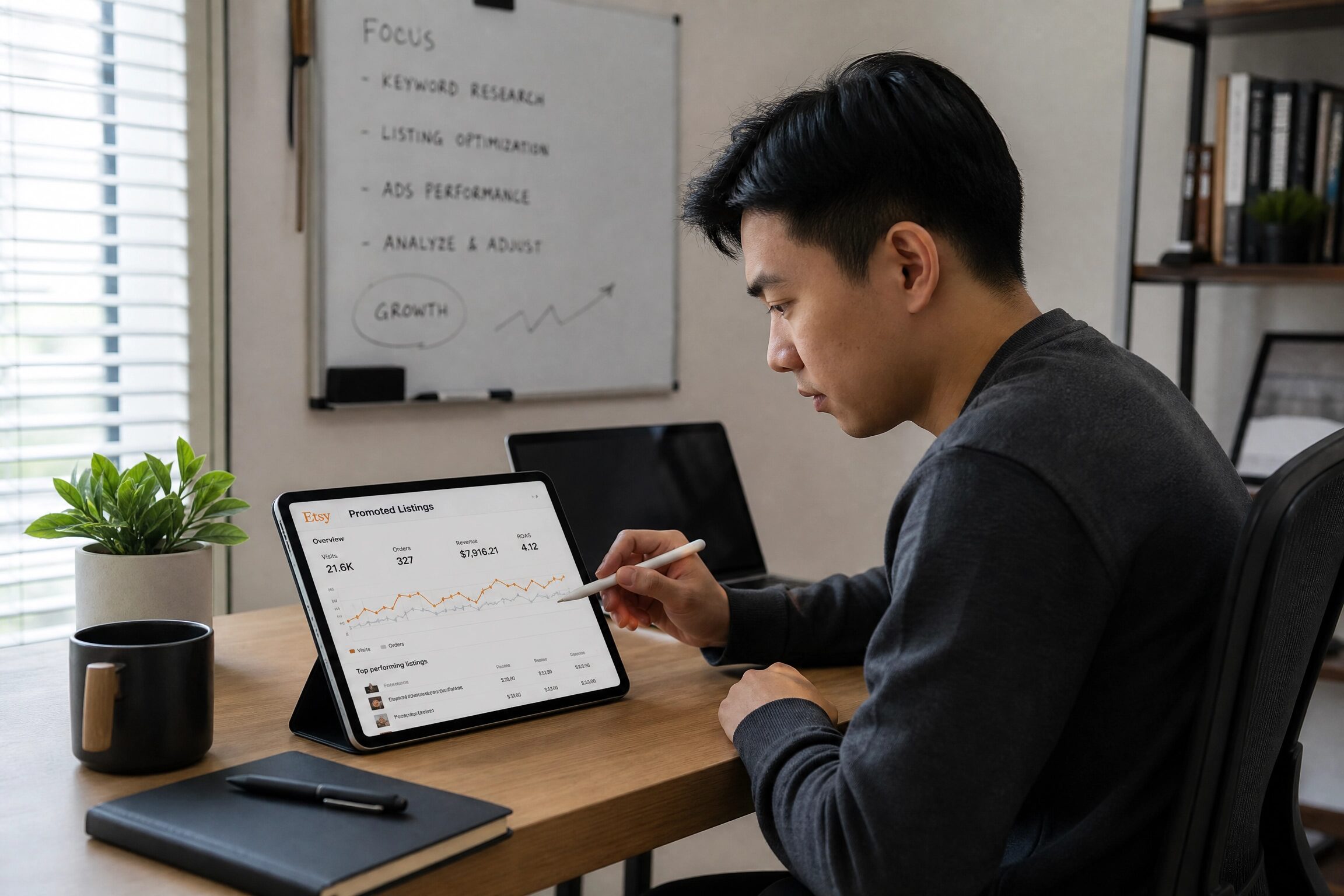 A young Asian Chinese man analyzing Etsy Promoted Listings performance graphs on a tablet.