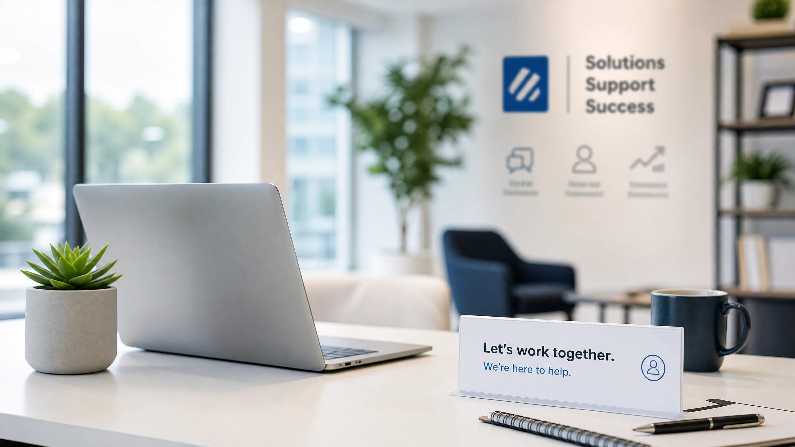 modern office desk with a laptop and a sign that says "Let's work together. We're here to help.", inviting contact for services.Â