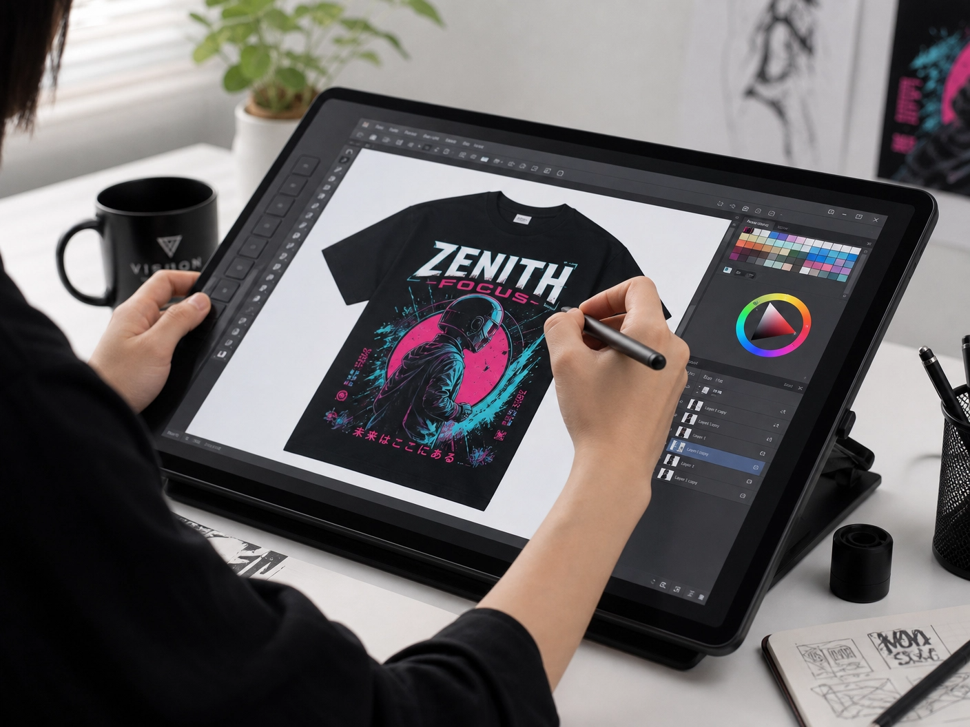 Asian designer creating a vibrant graphic design for a t-shirt on a digital drawing tablet.