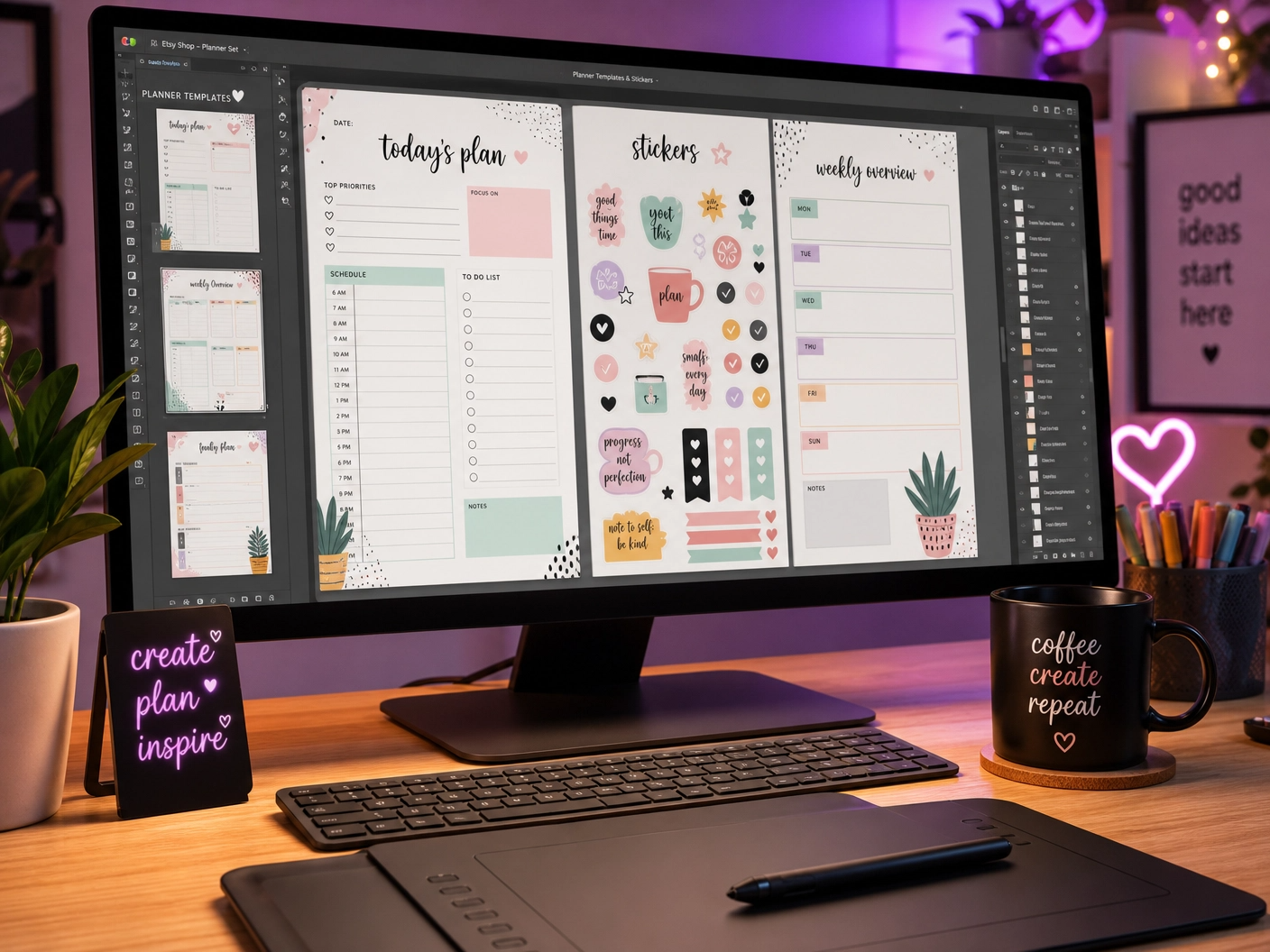 Digital artist's workspace with a monitor showing colorful digital planner templates and stickers for sale on Etsy.