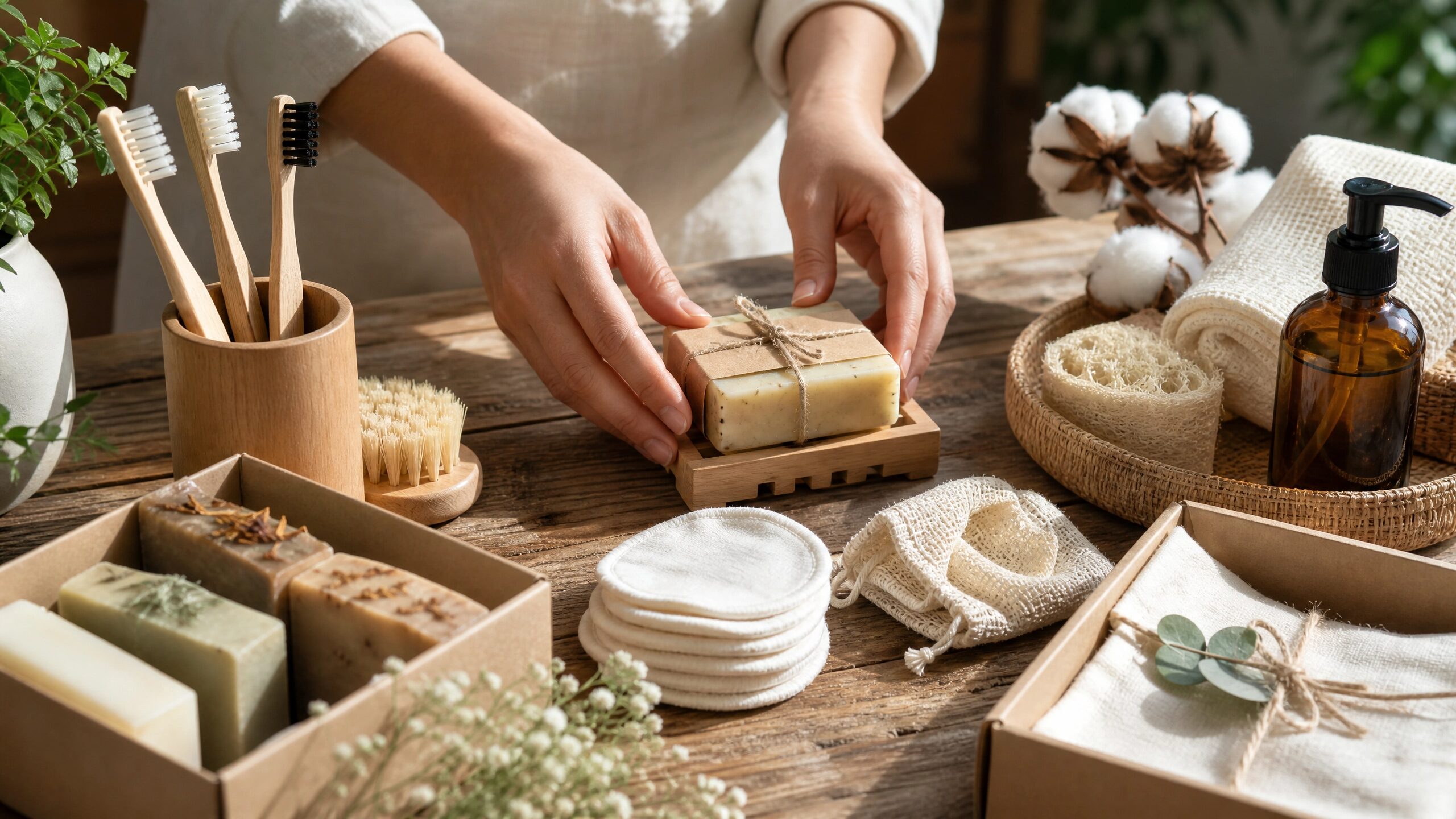 Faceless hands arranging various eco-friendly products like bamboo toothbrushes and handmade soaps.