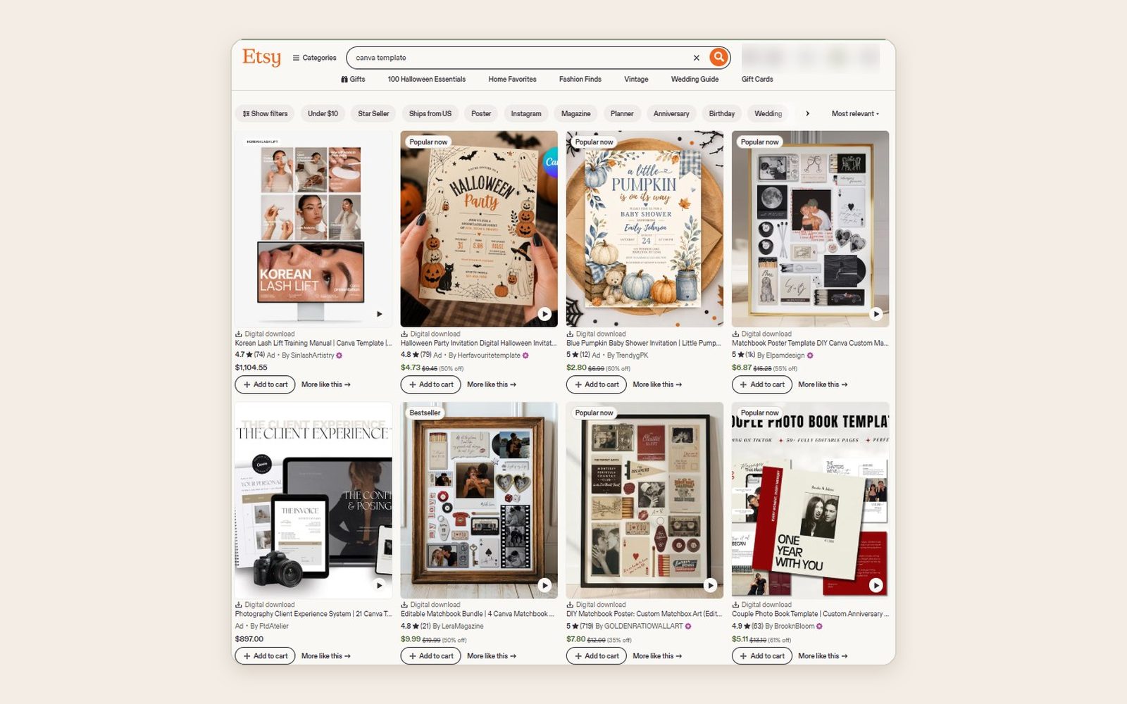 Etsy search results for Canva templates showing editable invitations, photo book templates and small business templates