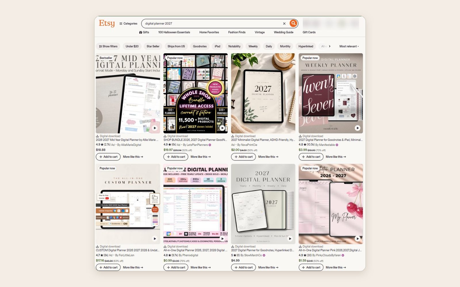 Etsy search results for digital planner 2027 showing GoodNotes and iPad planners