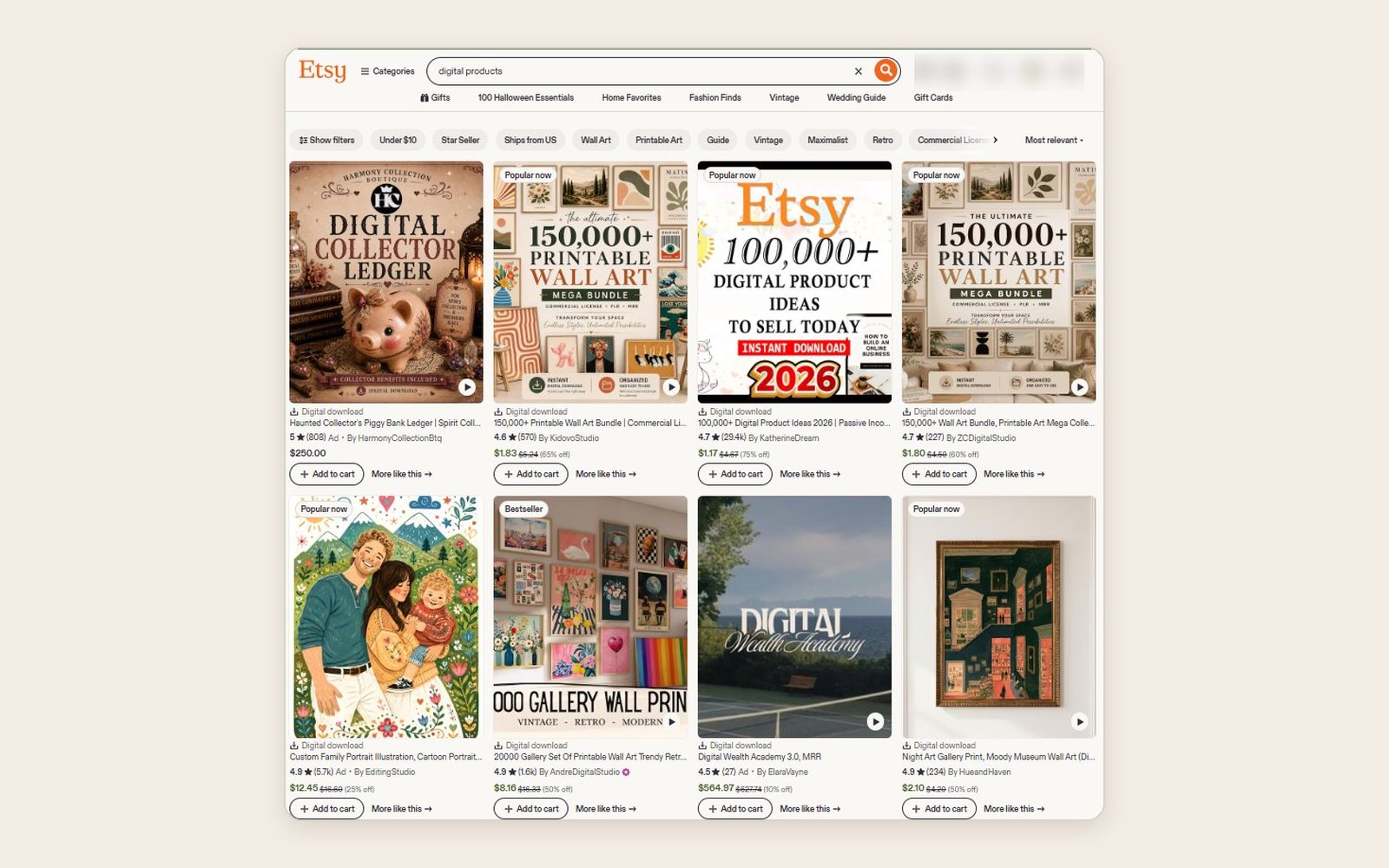 Etsy search results for digital products showing printable wall art bundles, digital product guides and art prints