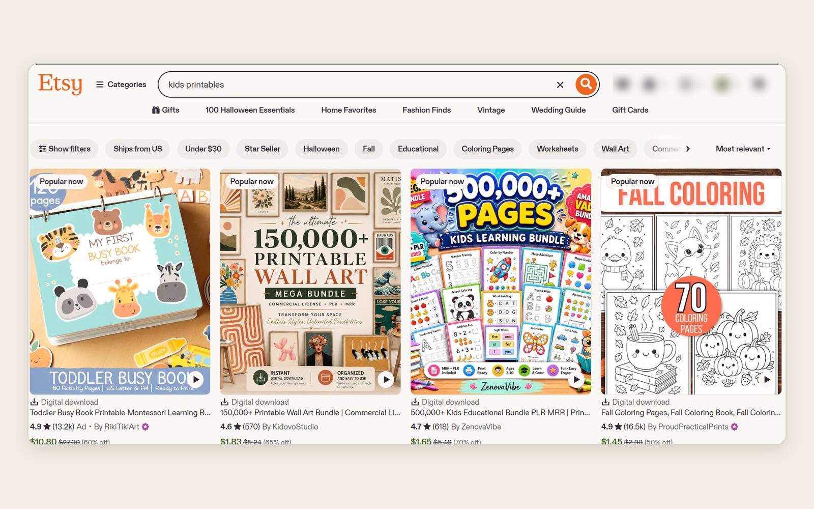 Etsy search results for kids printables showing a toddler busy book, kids learning bundle and fall coloring pages