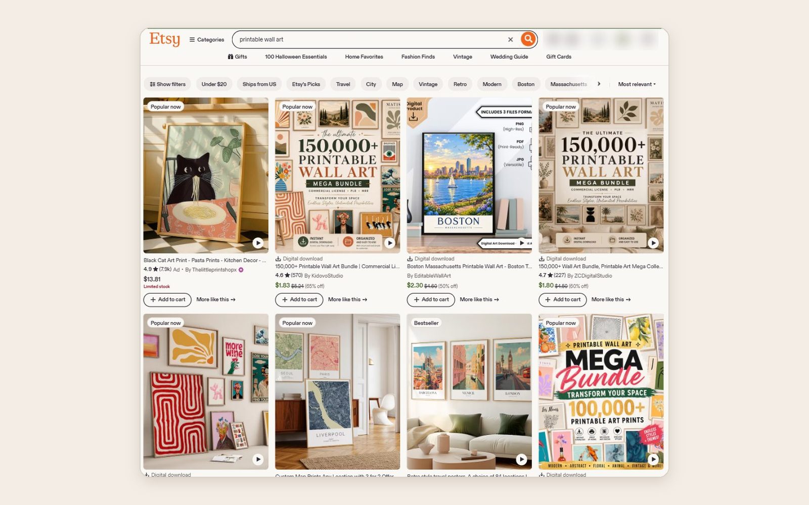 Etsy search results for printable wall art showing framed prints, city posters and map prints in room mockups