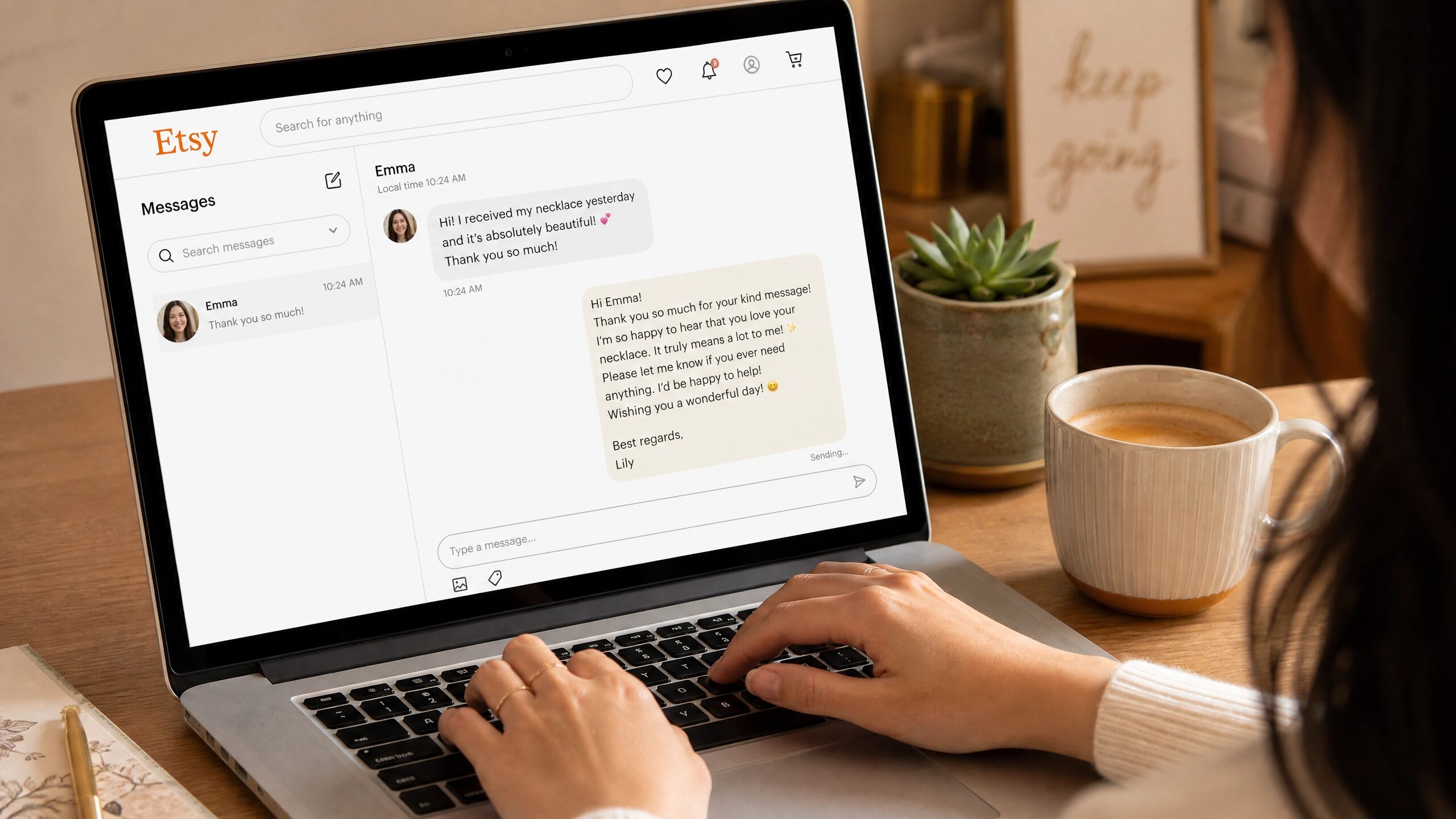An Asian Chinese woman responding to an Etsy customer message, demonstrating excellent customer service.