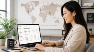 An Asian Chinese woman happily managing her Etsy shop with a world map showing pins on Pakistan, UK, and USA.