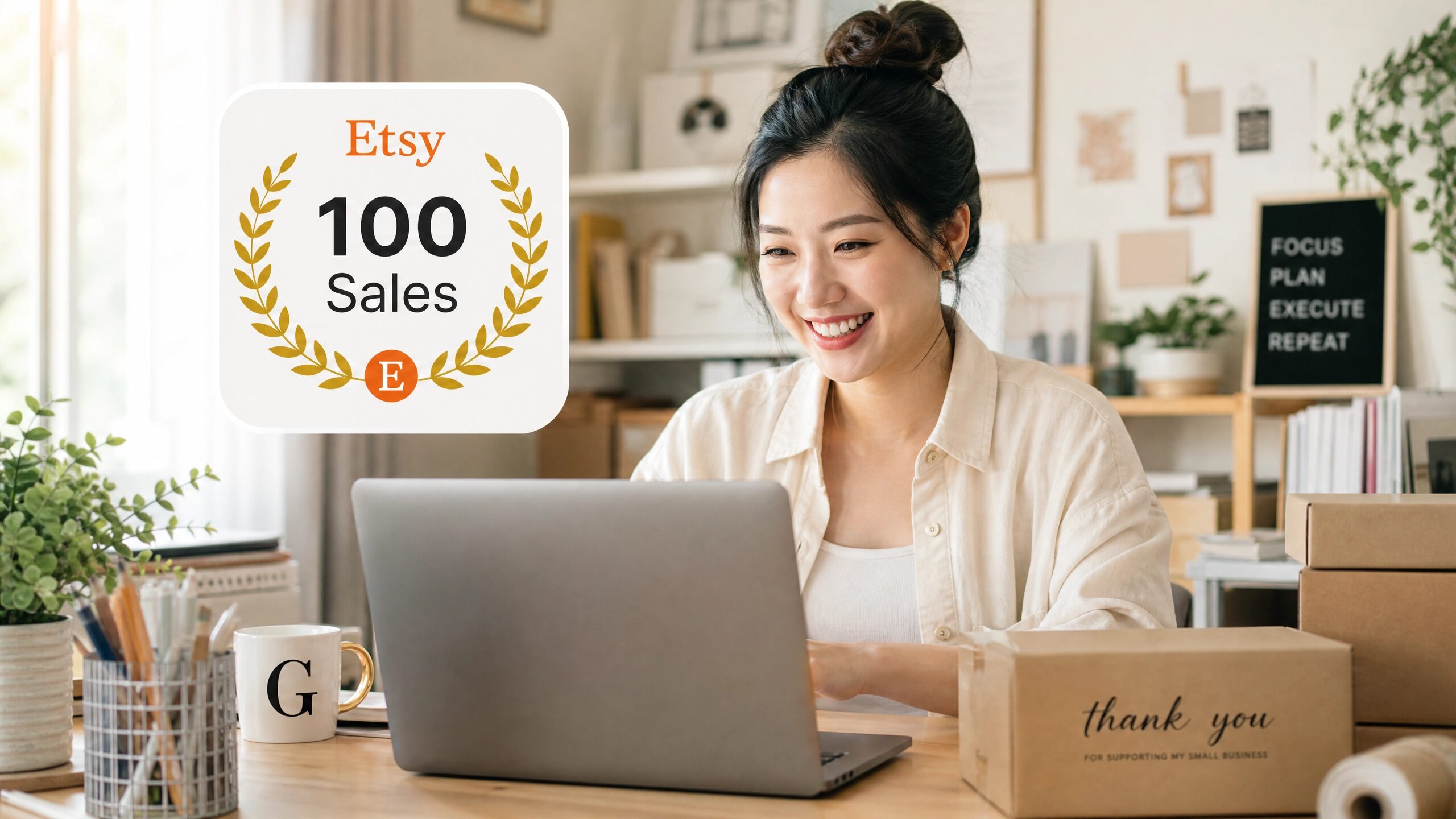 An Asian Chinese woman happily viewing her Etsy shop dashboard showing a 100 sales milestone.