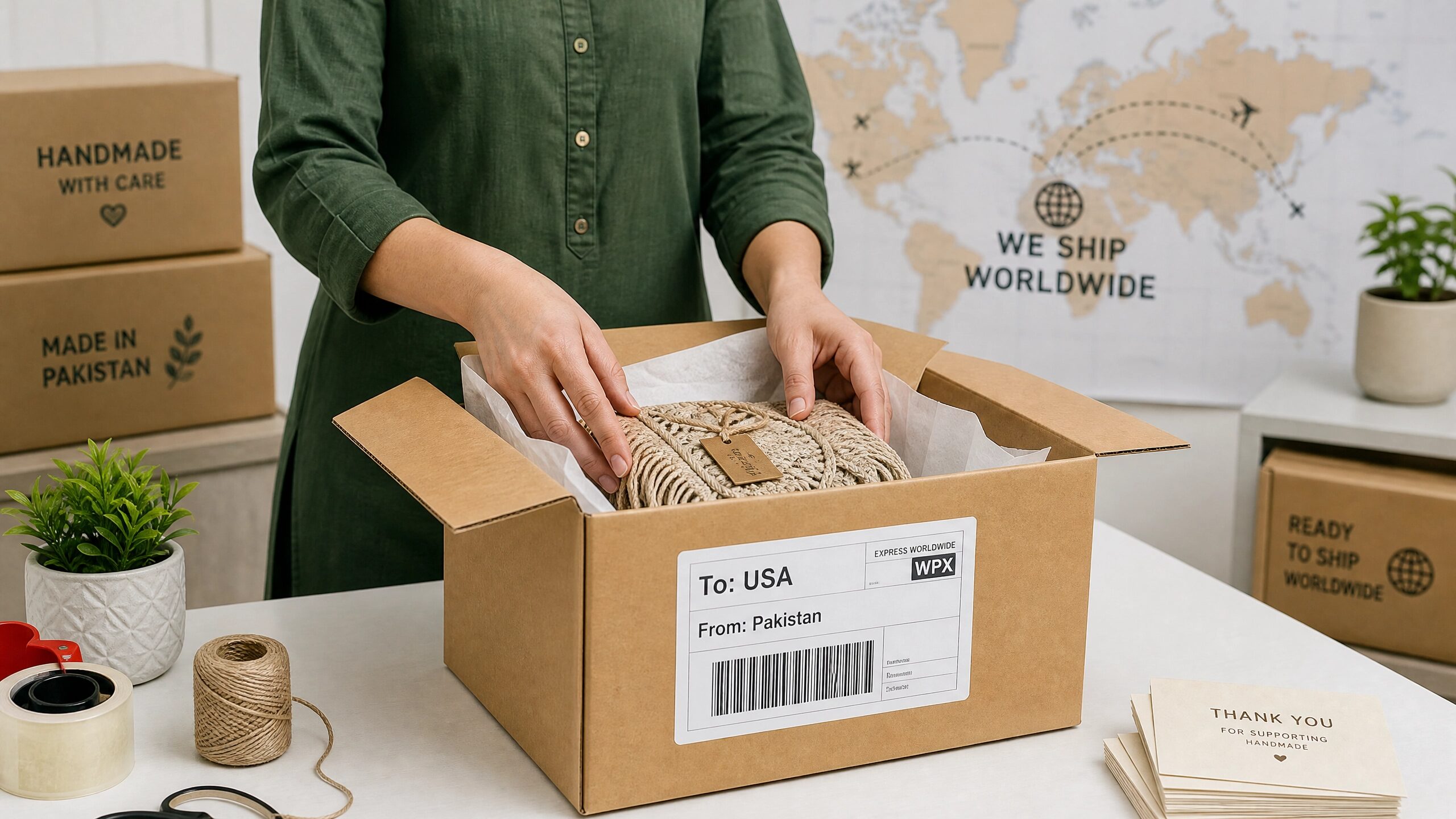 A faceless person packing a handmade item with a shipping label from Pakistan to the USA.