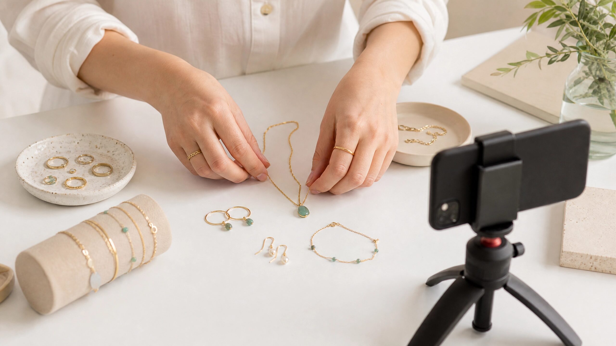 Faceless hands arranging handmade jewelry for a product photoshoot to attract first Etsy sale.