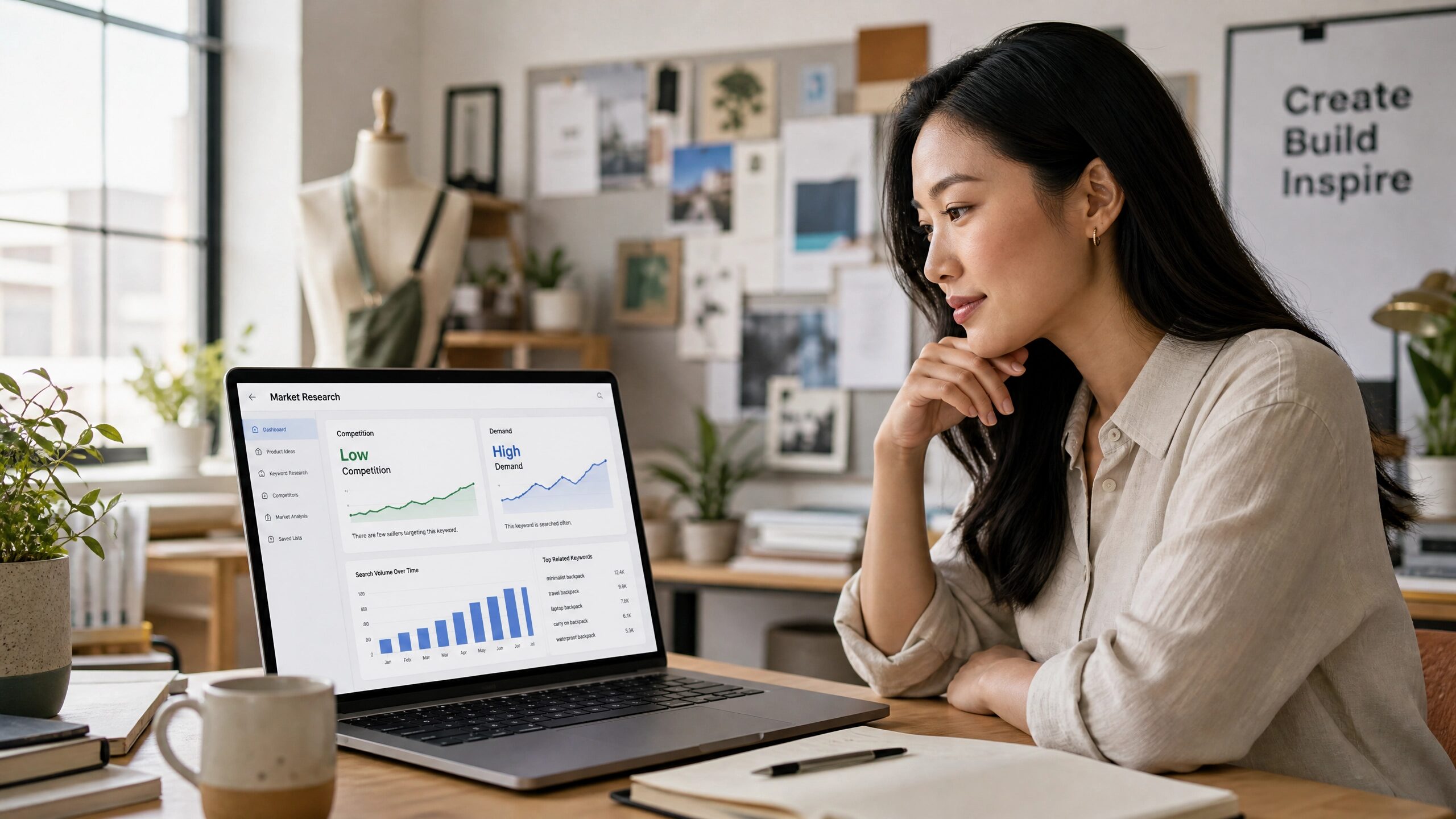 An Asian Chinese woman analyzing market research data on a laptop to find low competition Etsy niches.