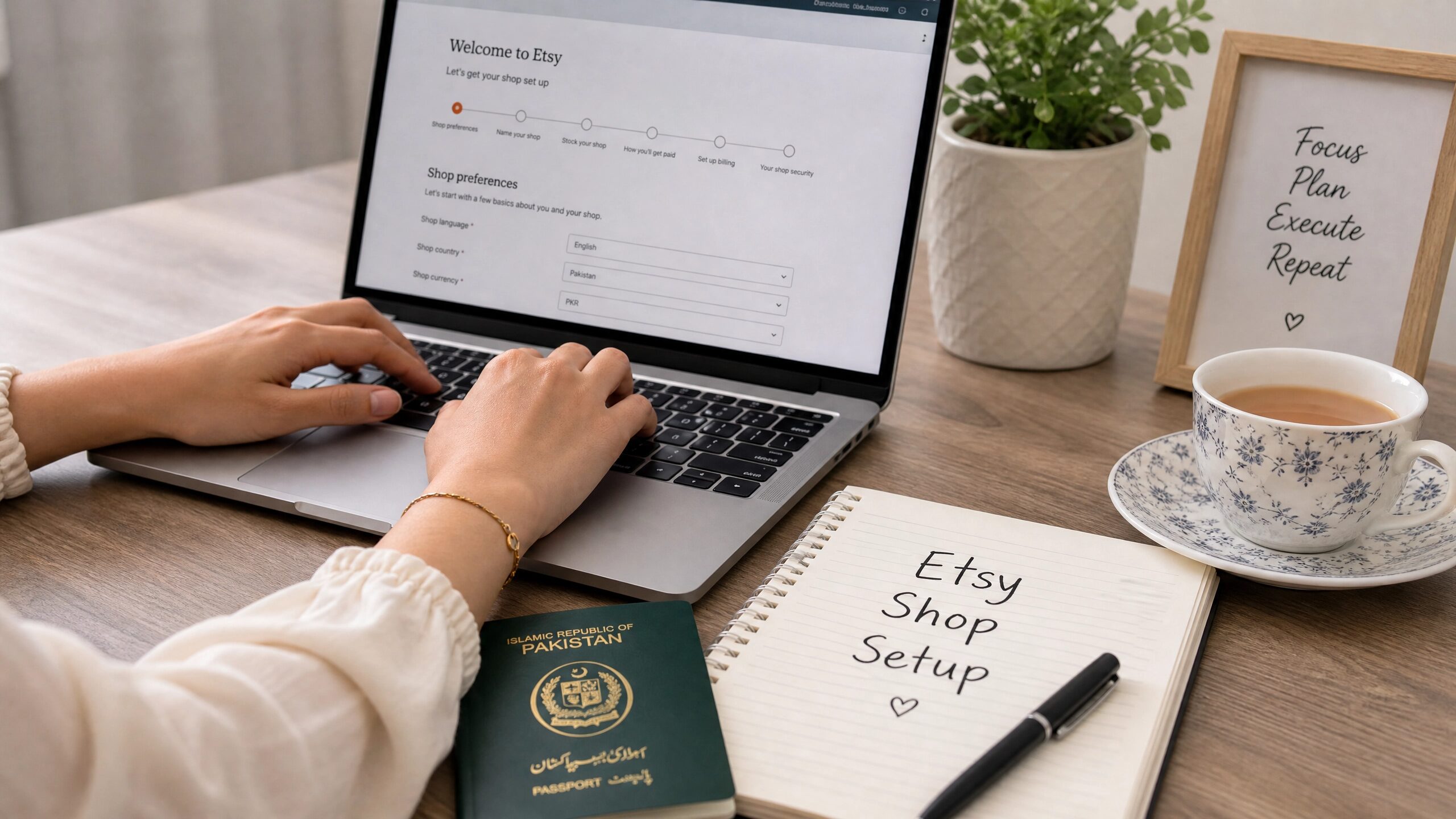 An Asian Chinese woman setting up her Etsy shop on a laptop, with a Pakistani passport and a notebook nearby.