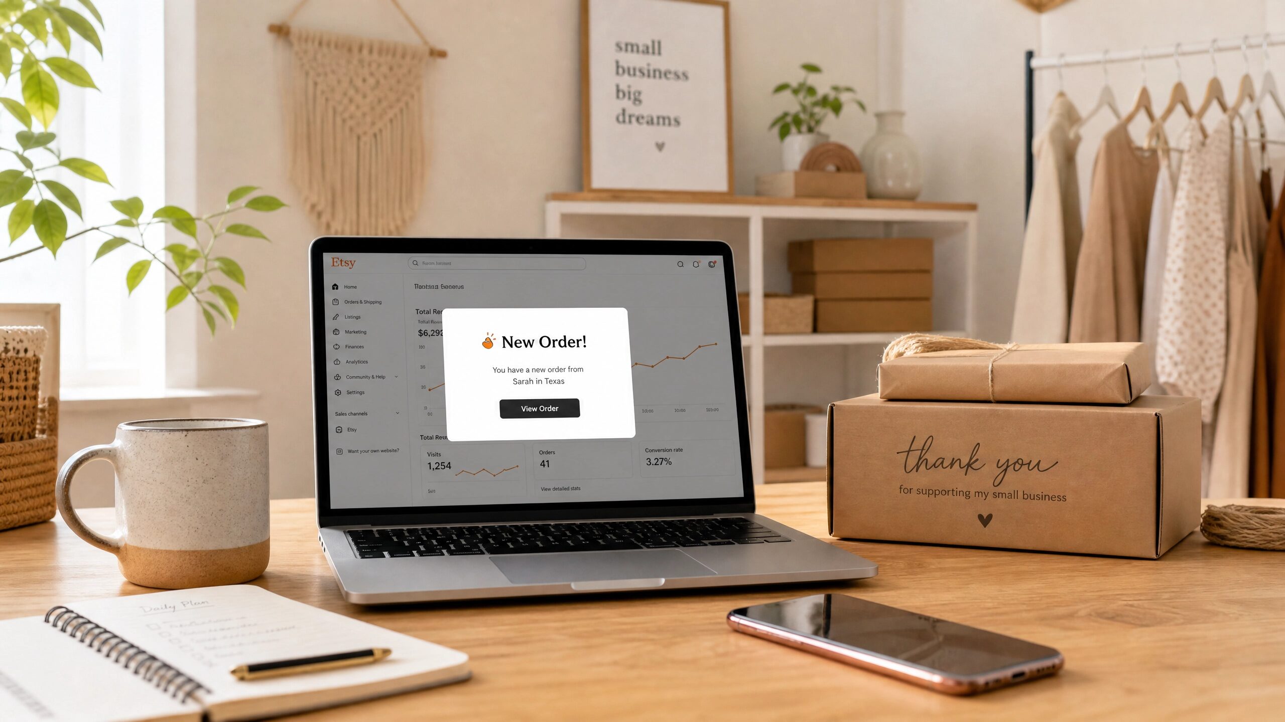 Image of a tidy desk with a laptop showing a 'New Order' notification, handmade goods, and a bright atmosphere.