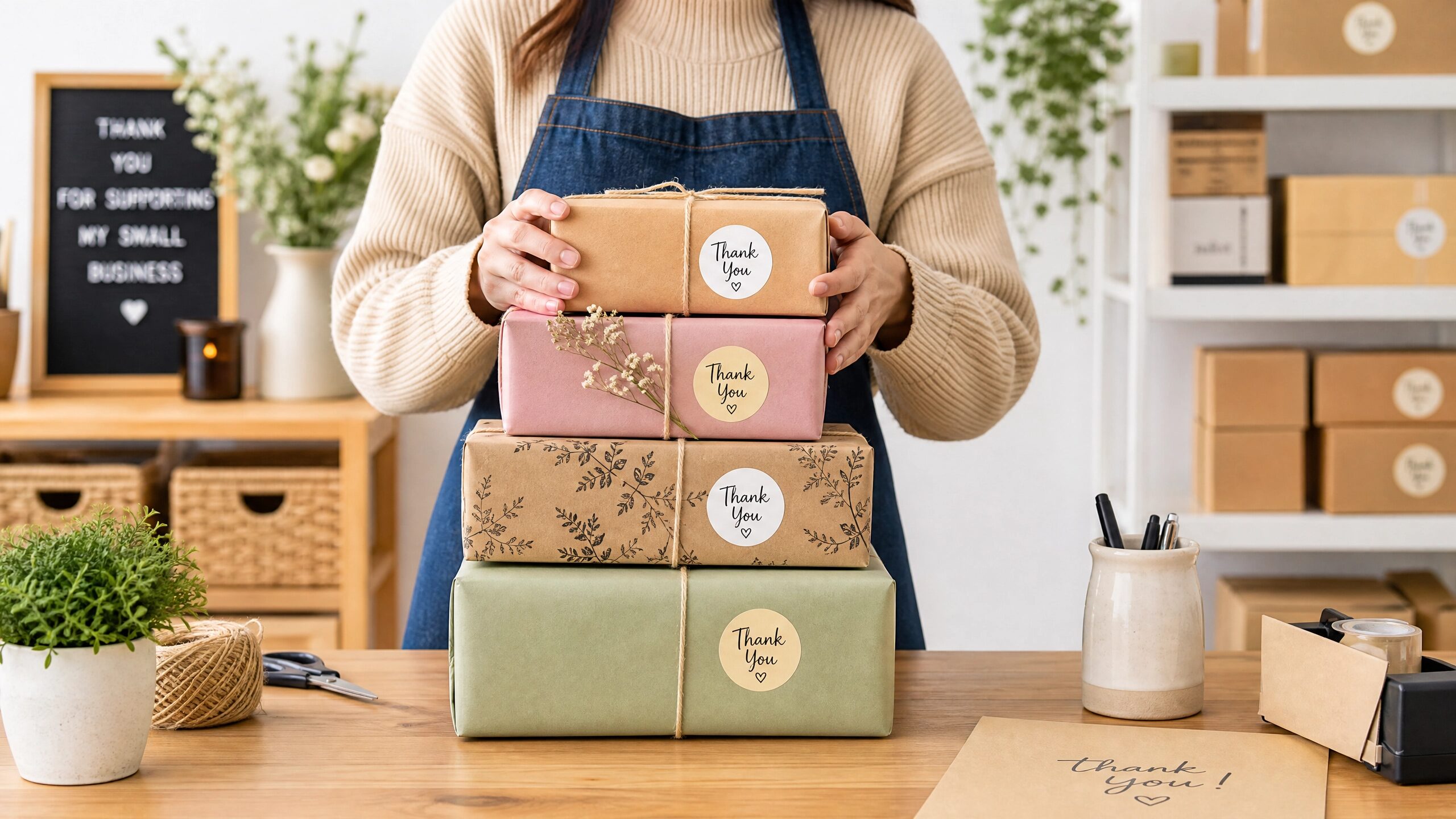 Faceless person stacking beautifully wrapped packages for Etsy orders, signifying successful Etsy shop growth.