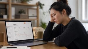 A young Asian Chinese female Etsy seller looking frustrated at her laptop, displaying low sales on the Etsy dashboard.