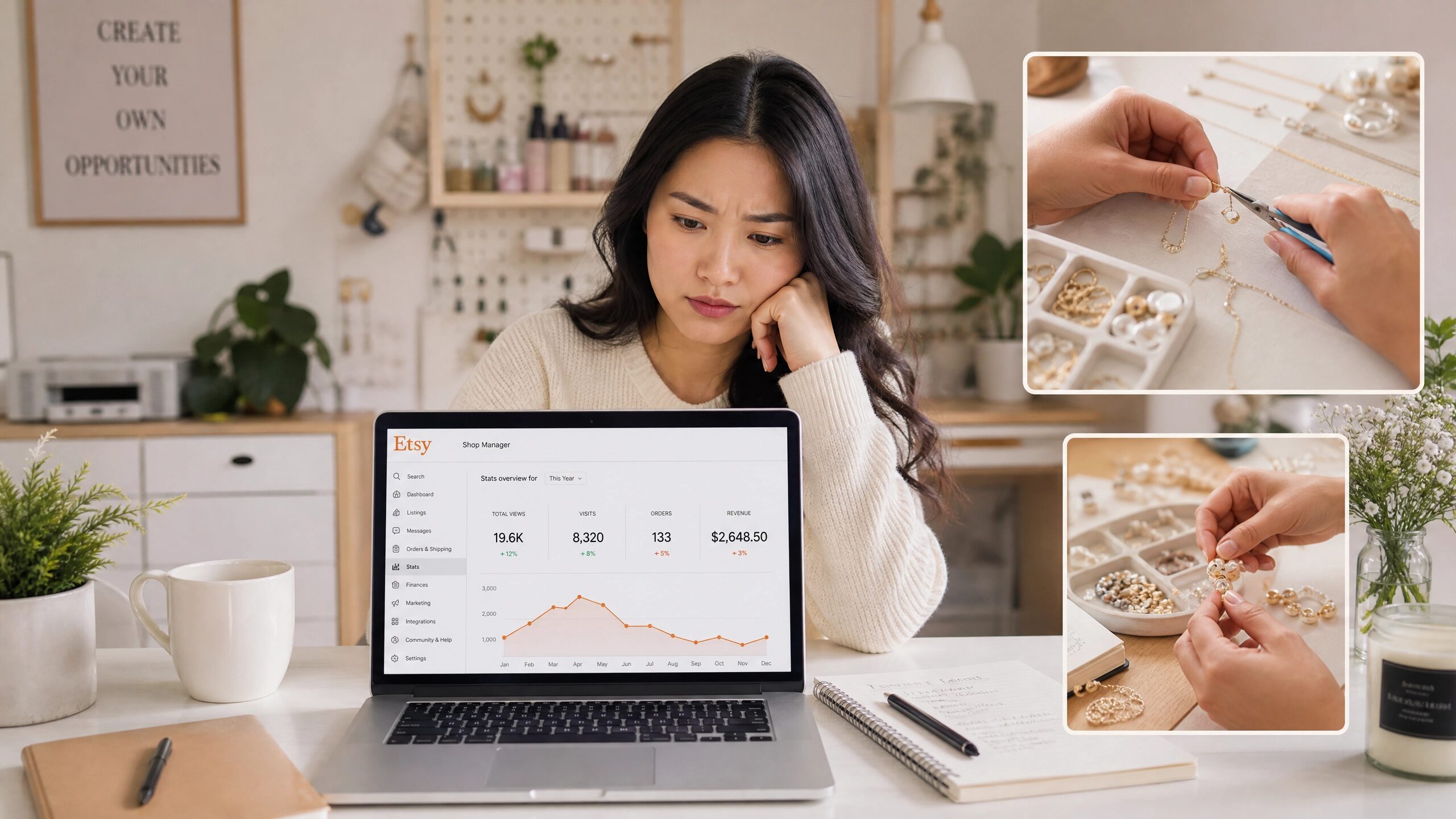 Asian Chinese woman frustrated with Etsy views but no sales analyzing shop manager dashboard.