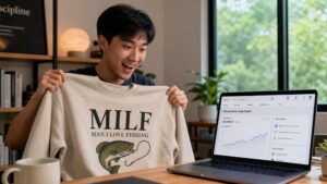A young Asian Chinese man excitedly holding a custom-printed sweatshirt, with an Etsy sales dashboard showing growth on his laptop.