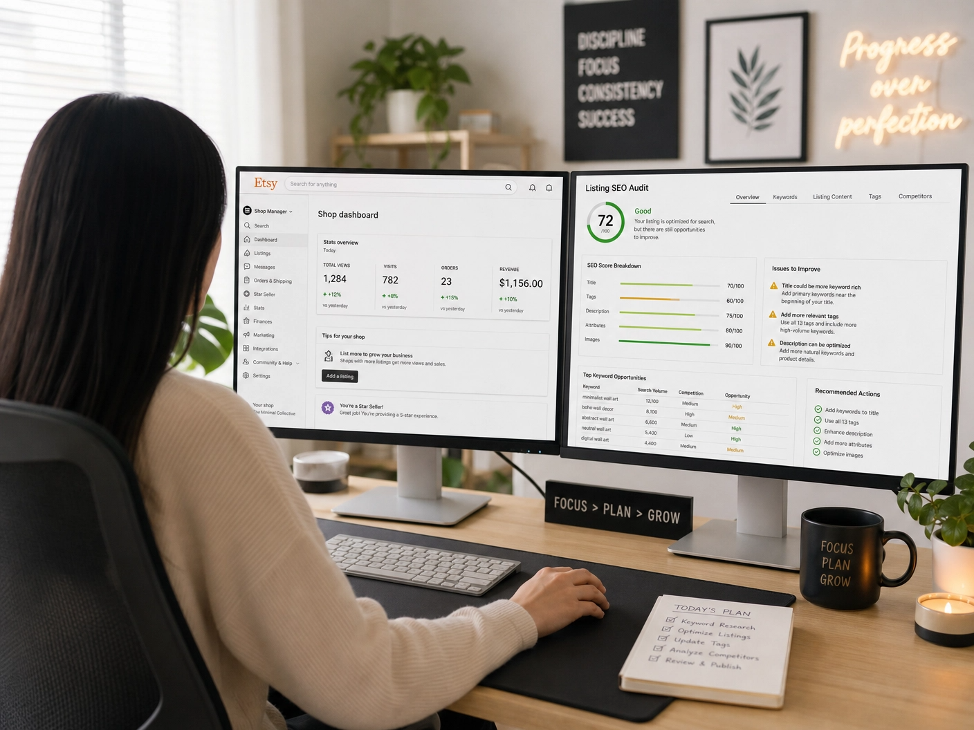 Asian woman optimizing Etsy listings using a dual-monitor setup with an SEO audit tool.