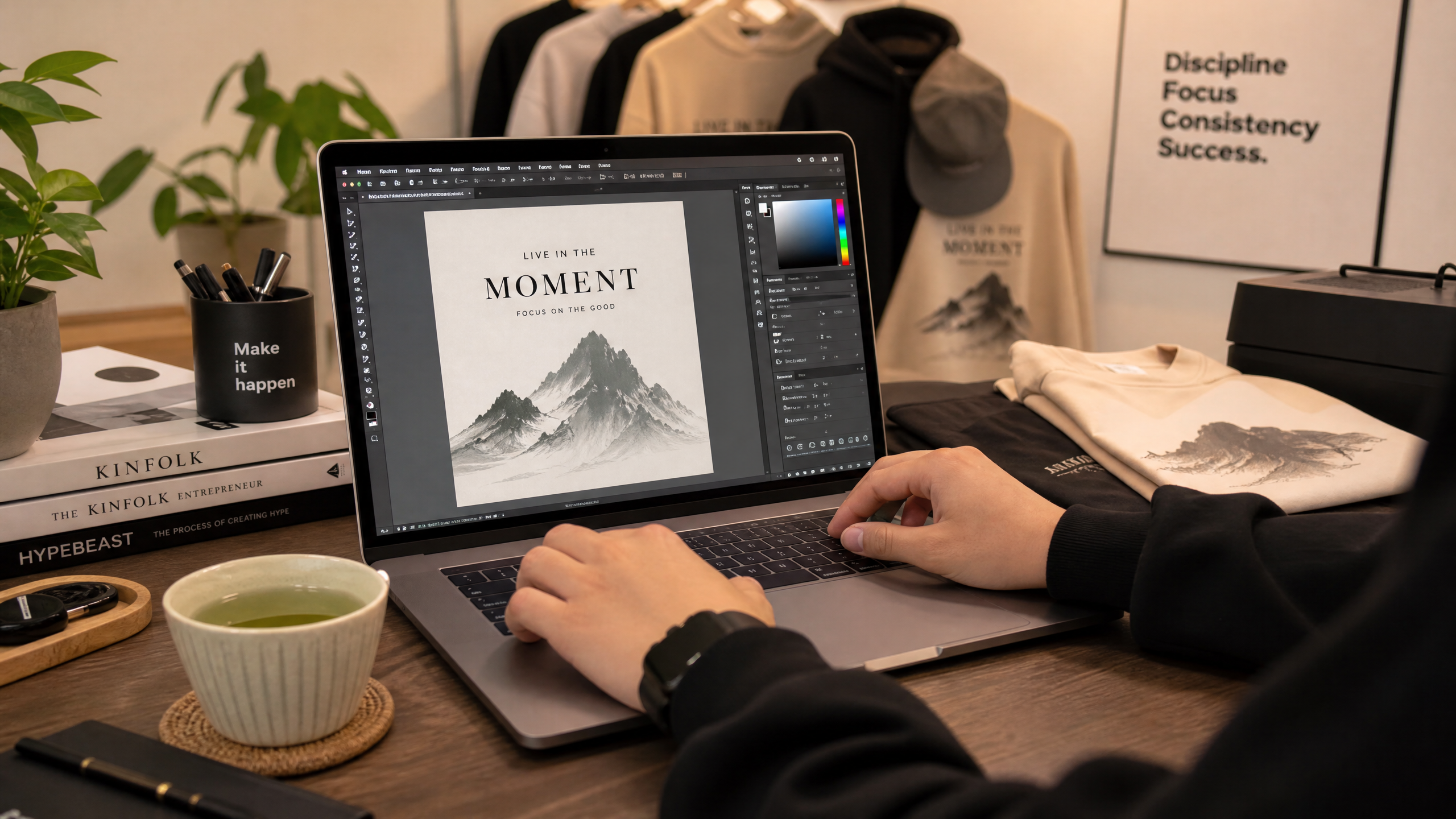 Asian entrepreneur working on a MacBook with design software, surrounded by print-on-demand product samples.