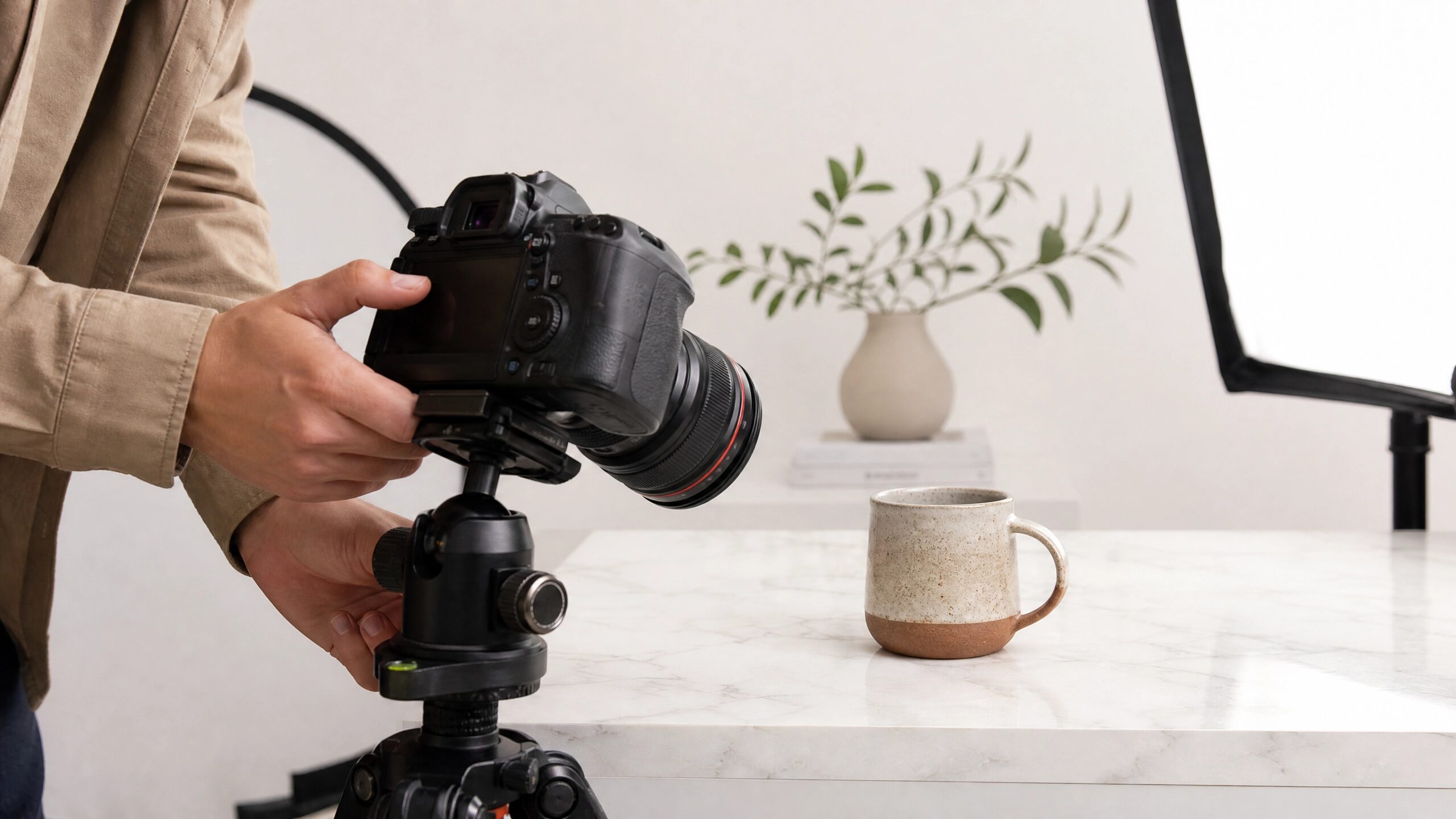 Faceless person setting up a professional camera to improve Etsy conversion rate through better photography.