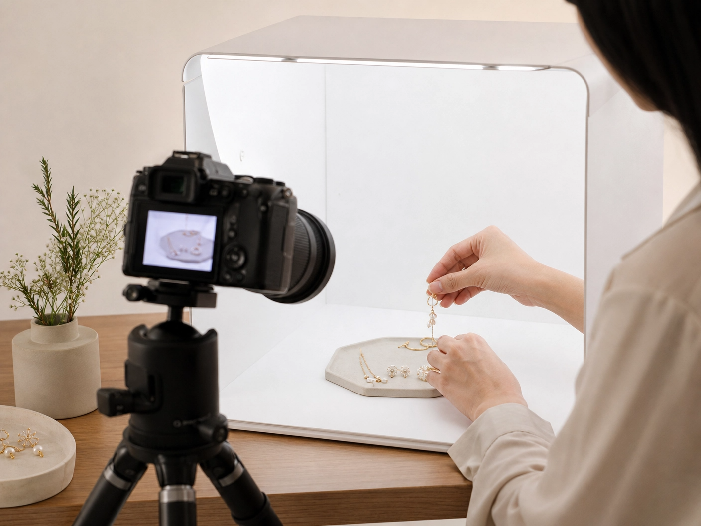 Asian woman arranging handmade jewelry in a lightbox for professional product photography for Etsy.