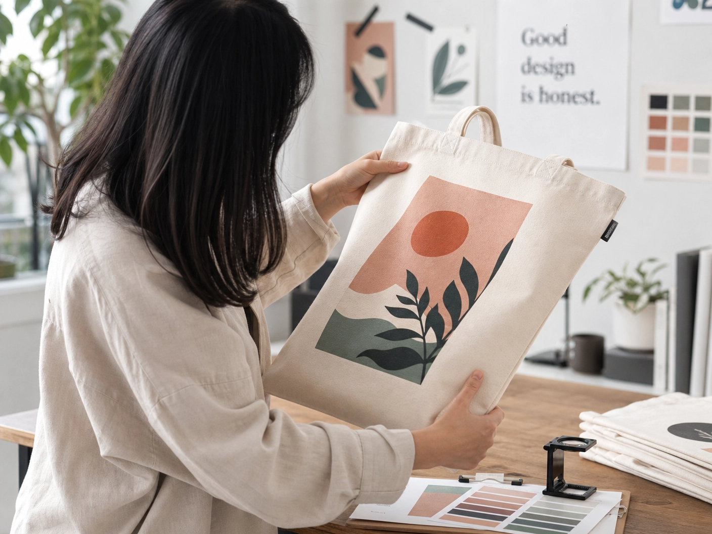 Asian woman inspecting the print quality of a custom-designed tote bag in a bright studio.