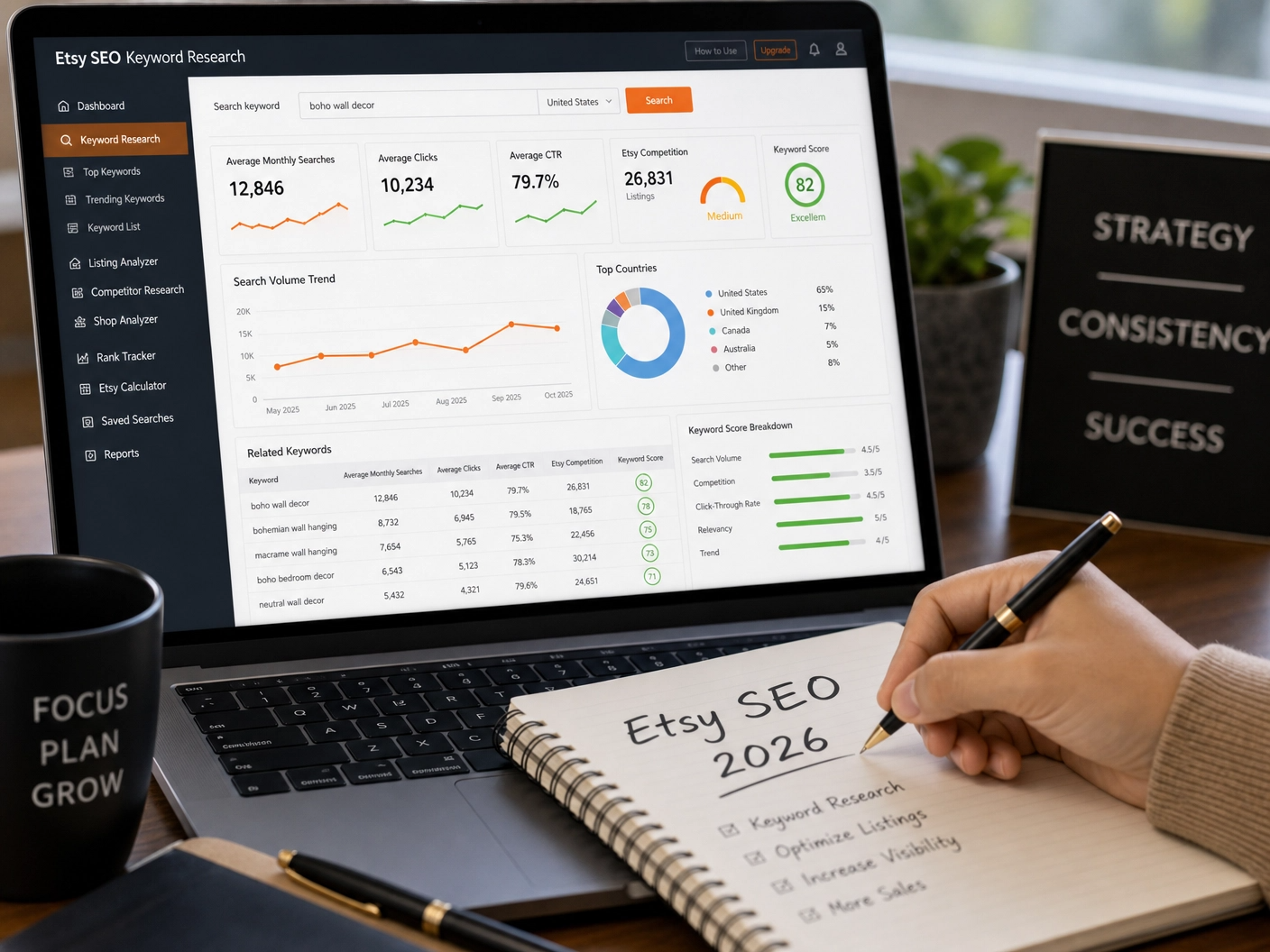 Laptop screen displaying Etsy SEO keyword research data with an Asian hand taking notes on 'Etsy SEO 2026'.