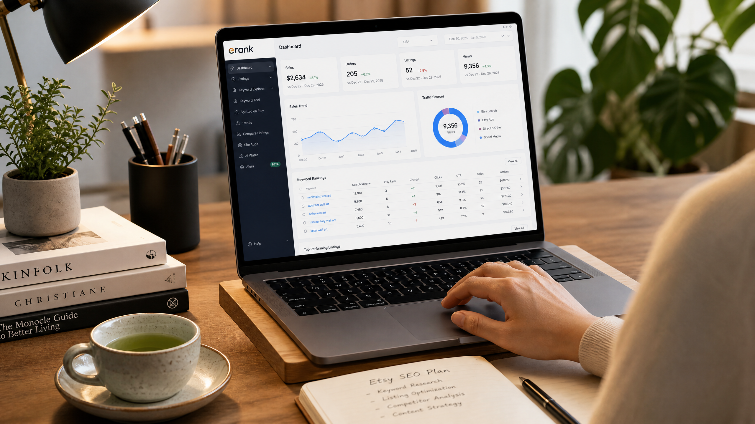 Asian entrepreneur analyzing Etsy SEO data on a MacBook dashboard with charts and keyword lists.