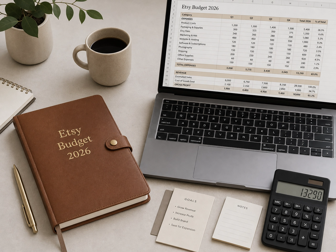 Flat lay showing a notebook with Etsy Budget 2026, a calculator, and a laptop displaying a spreadsheet of business costs.