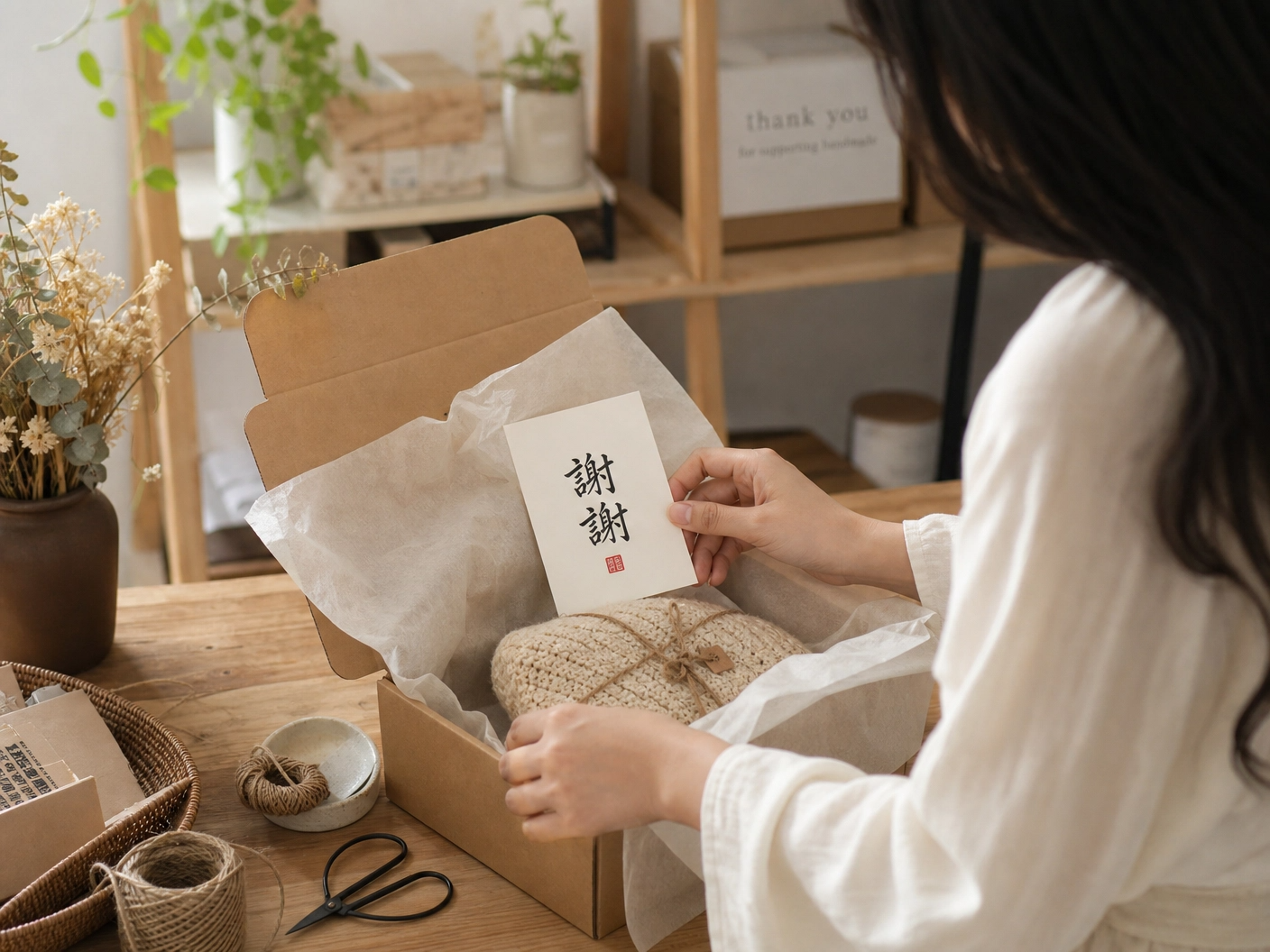 Asian woman carefully packing a handmade item in a sustainable box with tissue paper and a thank you card with Chinese calligraphy.