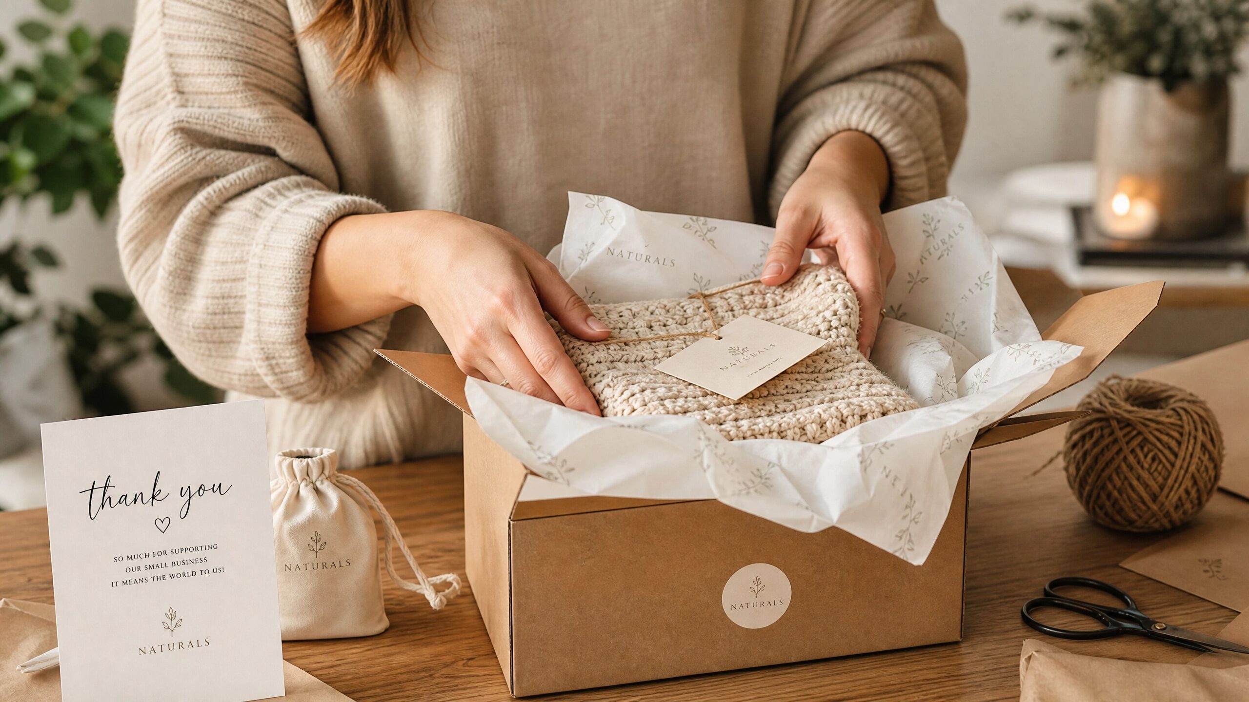 Faceless person packing a handmade item in eco-friendly branded packaging to boost Etsy conversion rate.