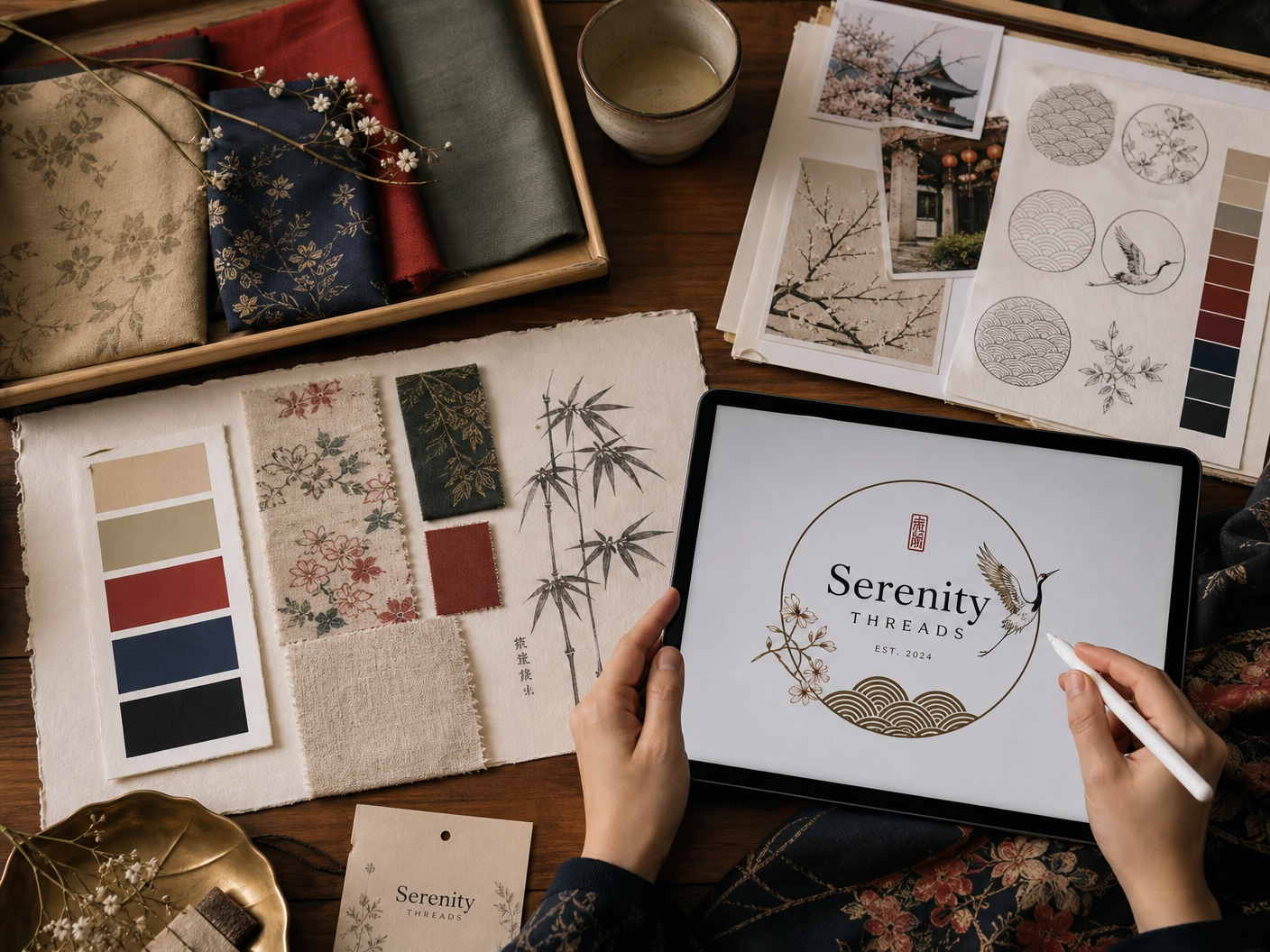 Creative mood board with fabric swatches, color palettes, and a tablet displaying an Asian-inspired logo design for an Etsy shop.