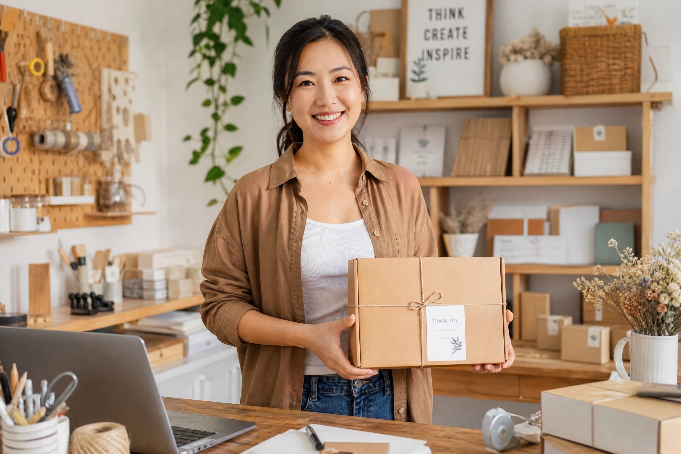A smiling Asian Chinese woman in her craft studio, holding a package, symbolizing successful Etsy selling.