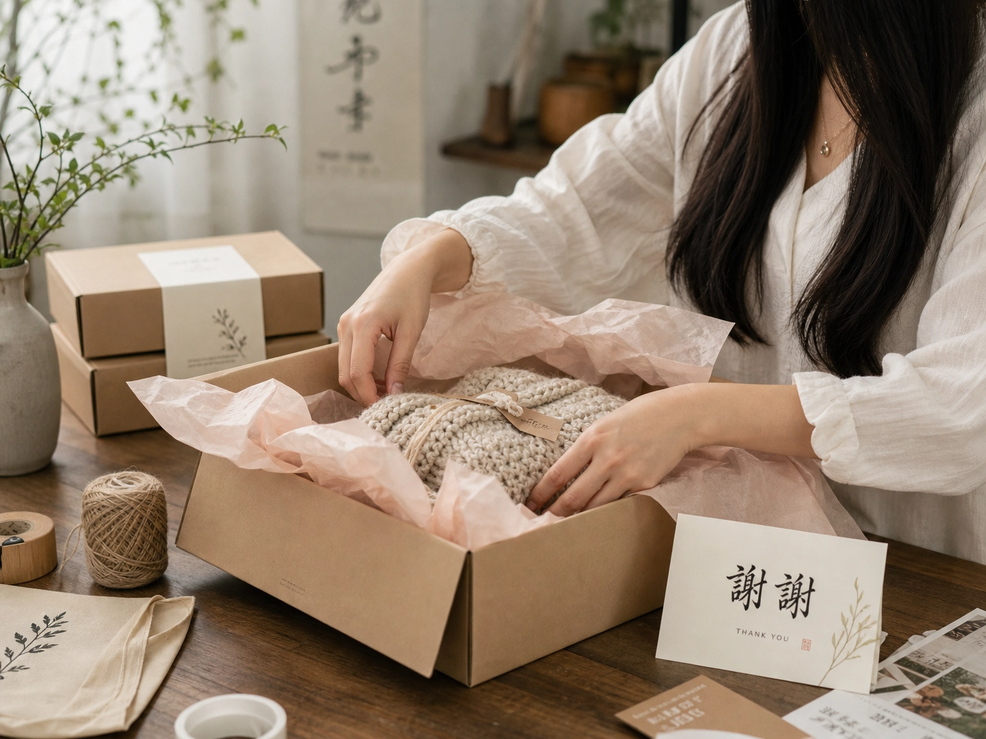 Asian woman packing a handmade item in an eco-friendly box with a Chinese calligraphy thank you card.