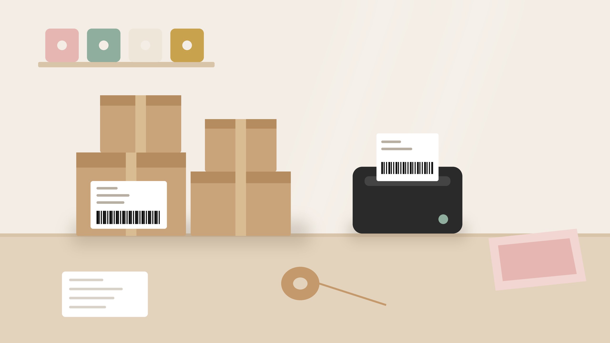 Etsy seller shipping station with kraft boxes, a shipping label and a label printer